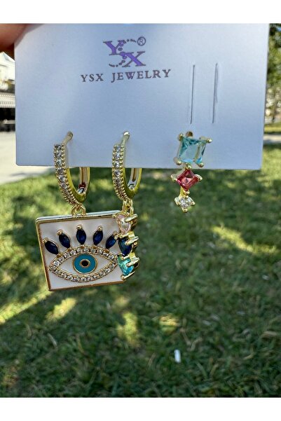 ARMELİA ACCESORİES Armelia Accessories Nazar Göz Figürlü 3’lü Renkli Taşlı Küpe Seti