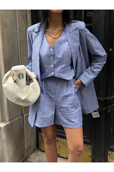buğrahayalin    Striped Linen Jacket Vest Shorts Tk - Blue