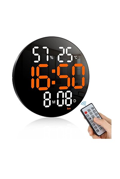 divendi-ro Ceas de perete digital LED, rotund, cu telecomandă, afișaj portocaliu-alb, negru