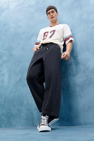 DeFacto 100% Cotton Barrel Fit Waist Lace-Up Elastic Wide Leg Jean Washed Trousers F8354Ax25Au
