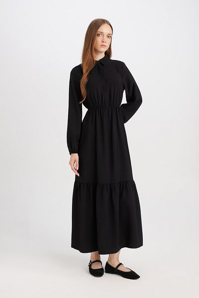 DeFacto Shirt Neck Long Sleeve Maxi Dress - Solid Button and Waist Drawstring D5851Ax25Sp