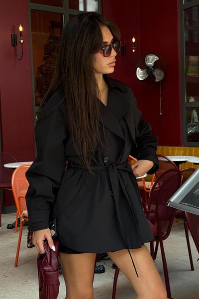 Madmext Black Buttoned Double Breasted Collar Short Women's Trench Coat Mg2509