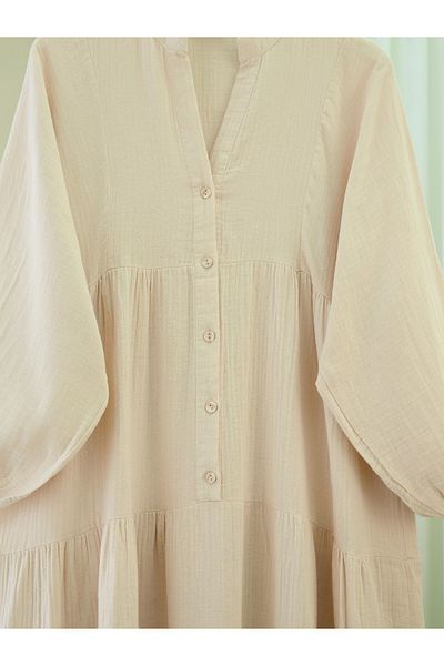 Modamorfo Half Button Piece Muslin Dress -Beige