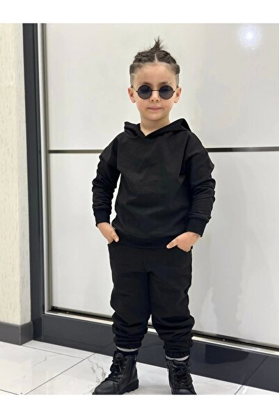 DUDOR KİDS Black Hooded Basic Tracksuit Set - Unisex