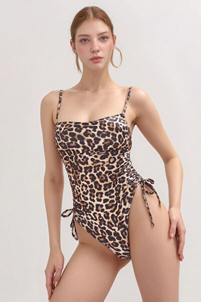 Behills Leopar Desenli Büzgü Detaylı Ayarlanabilir Askılı Brazilian 2li Mayo Pareo Set