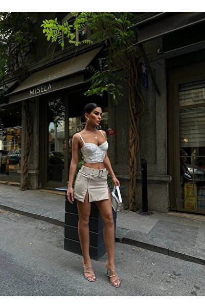 Bak Moda Μπεζ φούστα - με γάντζο και λεπτομέρεια ζώνης