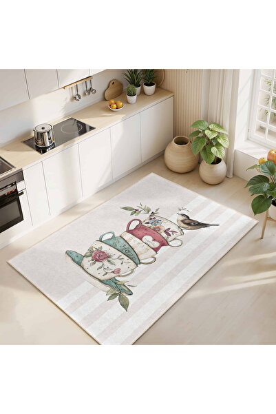 Realhomes Çiçek Desenli Vintage Mutfak Halısı Kaymaz Tabanlı Yıkanabilir Dikd...