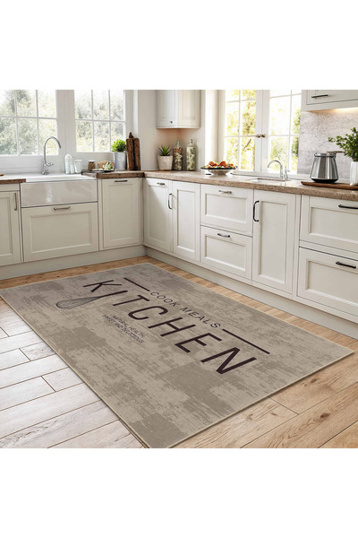 Realhomes Kahverengi Tonlarında Mutfak İçin Yazılı Desenli Yıkanabilir Kaymaz...