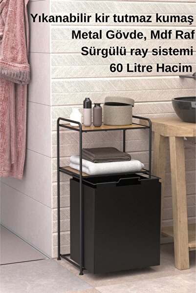 Teknotel 2 Katlı Çamaşır Sepeti Kirli Sepeti Ahşap Raflı Banyo Dolabı Düzenleyici Organizer MAT SİYAH M100