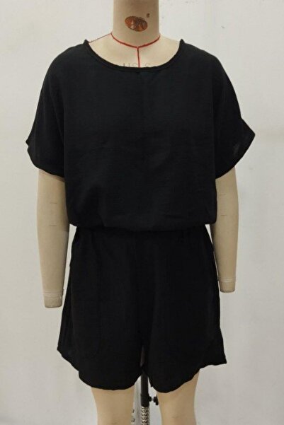 Mossta Round Neck Short Sleeve Imported Linen Blouse Shorts Two-Piece Set - Black