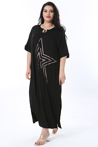 Şans Plus Size Black Comfortable Dress with Stone Detail - 65n38202