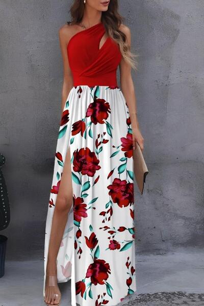 Mossta One Shoulder Slit Patterned Dress - Red