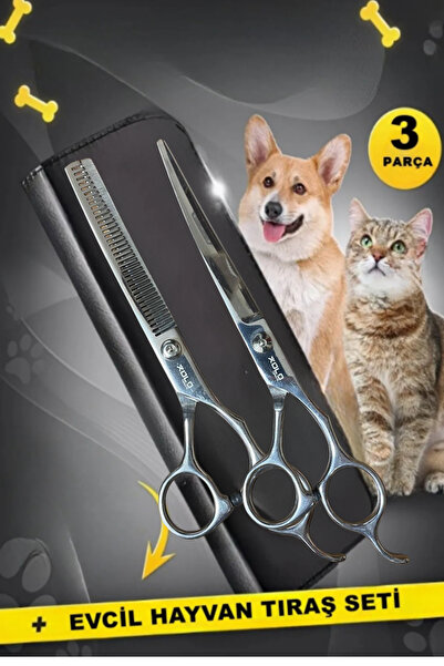ESENLİWE Evcil Hayvan Saç Tüy Kesme Şekil Verme Makası 3 Parça Profesyonel Kavisli Ara Ve Düz 7 İnç