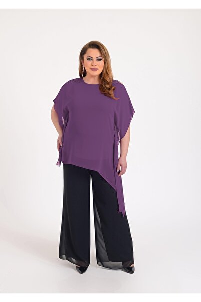 LİLAS XXL Büyük Beden Mor Renkli Asimetrik Kesim Şifon Bluz