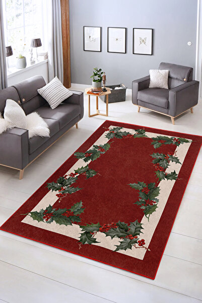 Realhomes Yılbaşı Temalı Şık Bitki Desenli Kaymaz Taban Yıkanabilir Halı