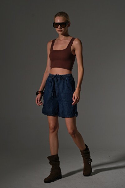 Maule Natural Draped Cotton Lyocell Fabric Women's Mini Shorts with Elastic and Lace-Up Pockets