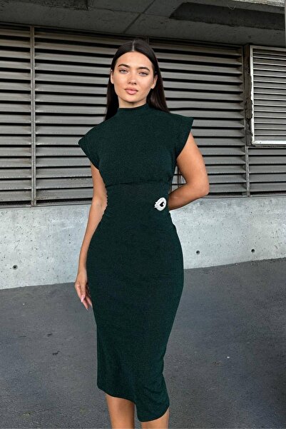 Mossta Turtleneck Buckle Detailed Midi Dress - Green