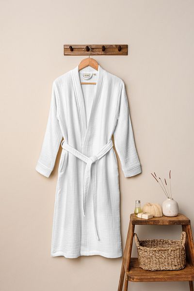 Denizli Concept White Unisex Kimono Muslin Bathrobe 100% Cotton & High Water Absorbent Quality Bathrobe