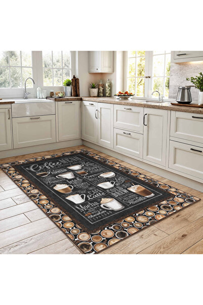 Realhomes Kahve Menü Temalı Mutfak için Yıkanabilir Kaymaz Taban Halı