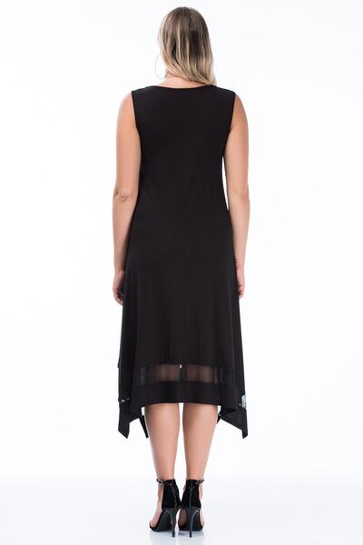 Şans Women's Large Size Black Sleeveless Long Viscose Dress with Mesh Detail on Shoulder and Hem 65n27309