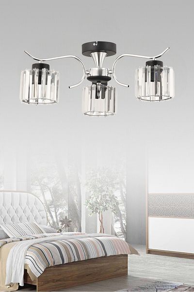 ESSLİGHT Esma 3-Piece Chrome Plafonier Chandelier (Crystal Stone) Living Room Bedroom Kitchen Young Room Office