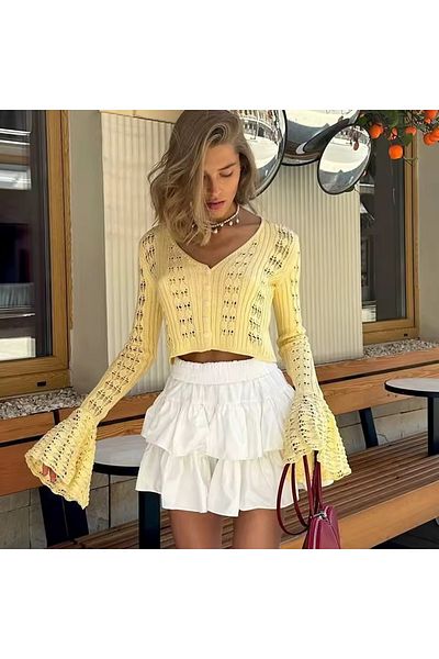 Lusin Women's Yellow Openwork Stylish Cardigan with Spanish Sleeve Detail