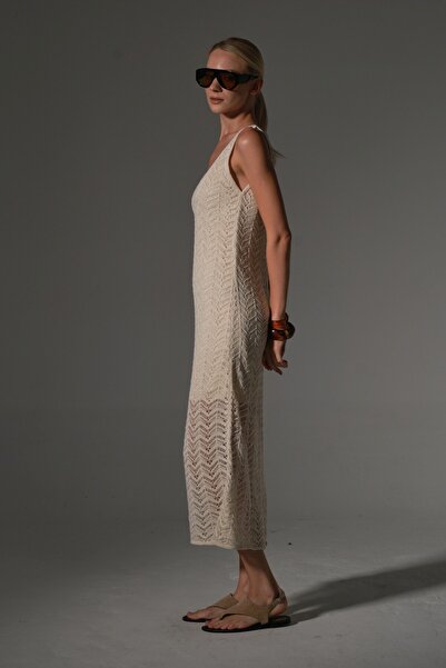 Domoda Yarım Astarlı Askılı Ajurlu Yazlık Triko Kadın Elbise @Kajun