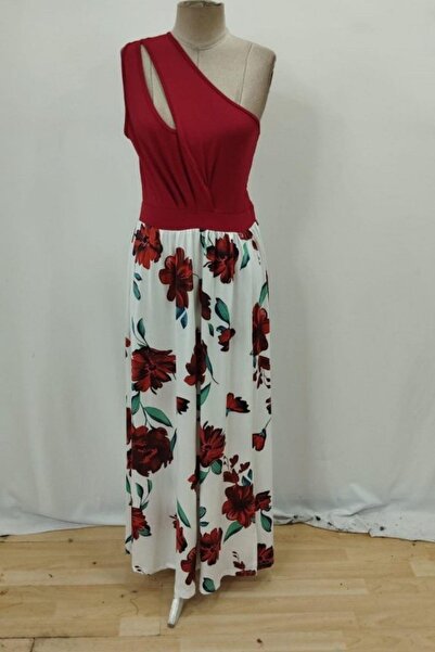 Mossta One Shoulder Slit Patterned Dress - Red