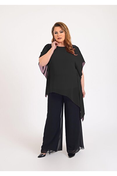 LİLAS XXL Büyük Beden Siyah Renkli Asimetrik Kesim Şifon Bluz