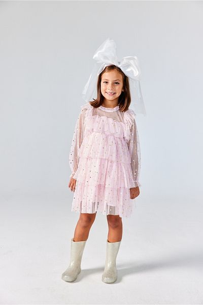 Le Mabelle Pink Star Patterned Layered Girl's Dress - Felicia