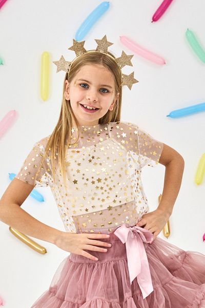 Le Mabelle Ecru Star Printed Girl's Tulle Crop