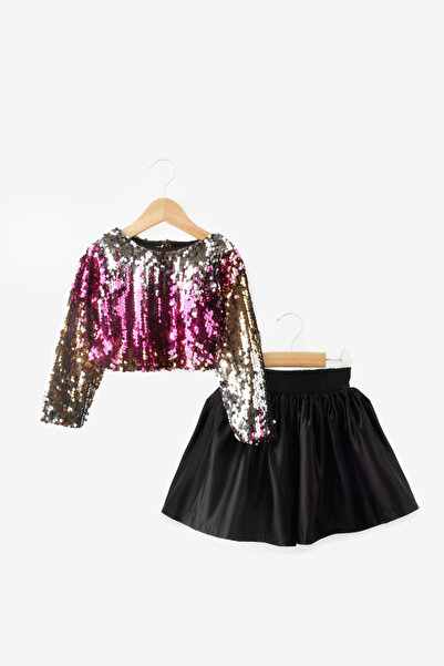 Le Mabelle Beatrice - Girl's Black Sequined Crop Skirt and Top Set
