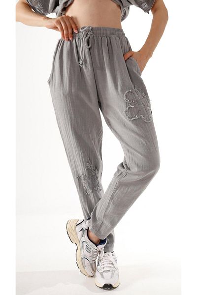 shE tekstil Floral Sequined Linen Trousers