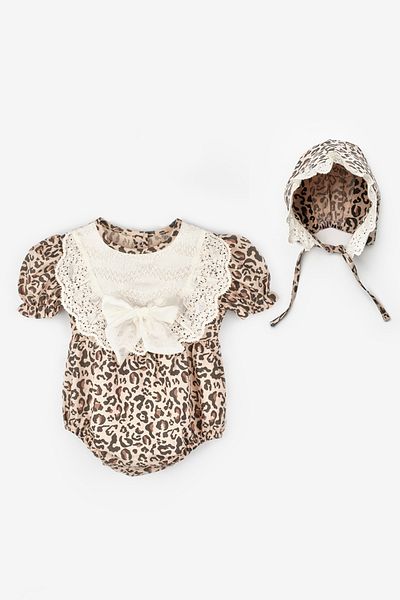 Le Mabelle Brown Short Sleeve Baby Girl Jumpsuit with Hat Accessories - Perla