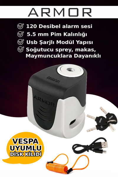 Armor 605MVA 5.5mm 120Db Alarmlı ve Usb Şarjlı Motosiklet Disk Kilidi (Tüm Ve...