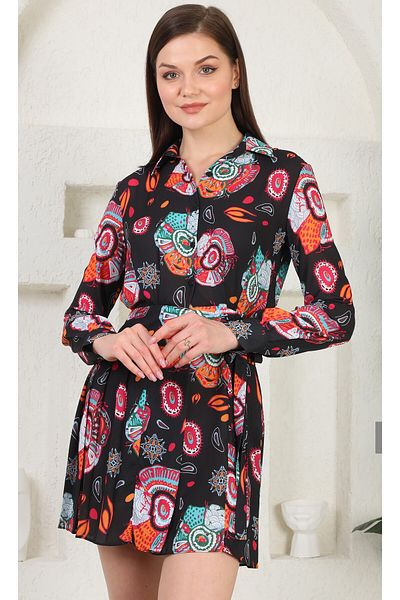 gökçesu Women's Shirt Dress with Patterned Tie Detail
