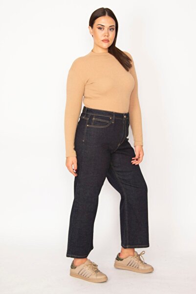 Şans Γυναικείο Plus μέγεθος Navy Blue Φαρδύ πόδι ψηλόμεσο 5 τσέπες Lycra τζιν 65n29279