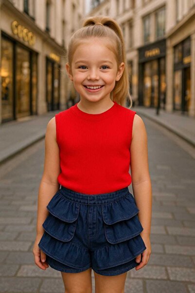 kidsense Girls' Ribbed Crop Tank Top Set with Ruffled Denim Shorts