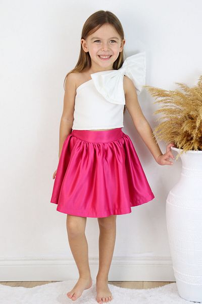 Le Mabelle Fuchsia One-Shoulder Bow Detailed Skirt Crop Girl's Double Set - Luisa