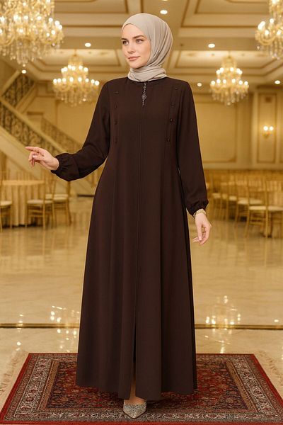 Neva Style Button Detailed Brown Hijab Abaya 45304Kh