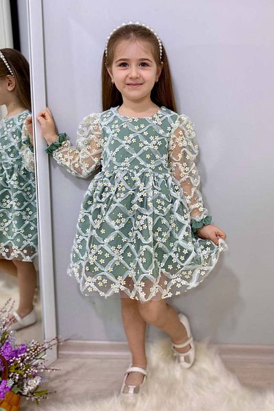 Le Mabelle Hera Green Long Sleeve Daisy Tulle Detailed Girl's Dress