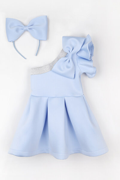 Le Mabelle Μπλε βολάν φόρεμα για κορίτσια με έναν ώμο με λεπτομέρεια φιόγκου - Mildred