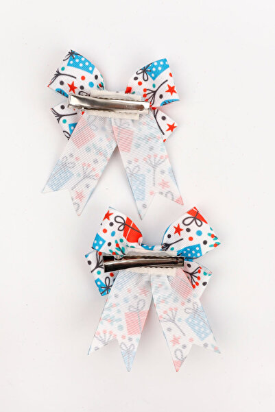Le Mabelle White Gift Package Printed Pack of 2 Girls' Bow Clip Buckle
