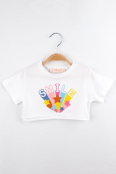 Le Mabelle White Smile Star Printed Girl's Crop T-Shirt - Becky