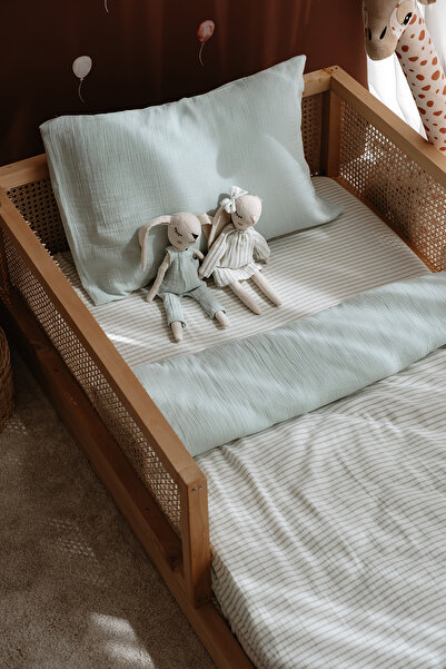 TBA COLLECTION Set de lenjerie de pat Montessori din muselină (100x200) | Seria Line - Albastru