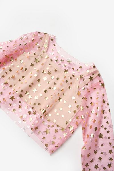 Le Mabelle Starry Pink Girl's Crop Top - Long Sleeve Tulle