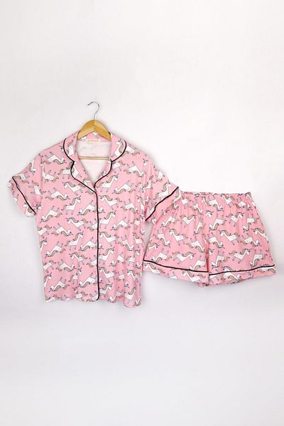Le Mabelle Light Pink Unicorn Combed Cotton Women Pajama Set