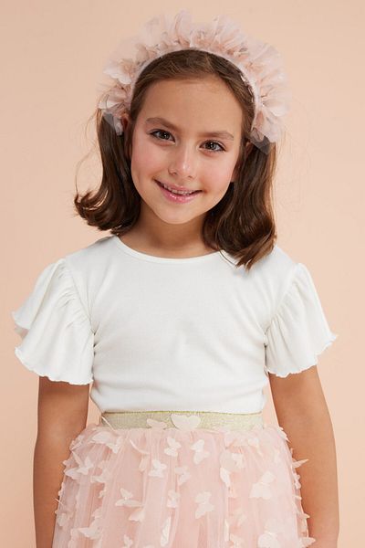 Le Mabelle Ecru Girls' T-Shirt with Cross Piping on the Back - Julie