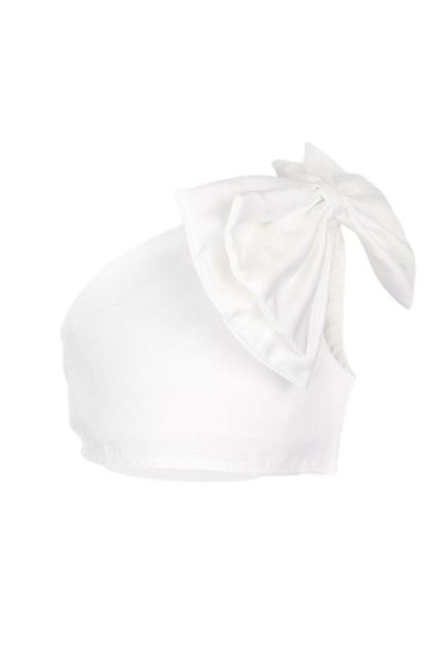 Le Mabelle One-Shoulder White Crop Top - Girl with Bow Detail