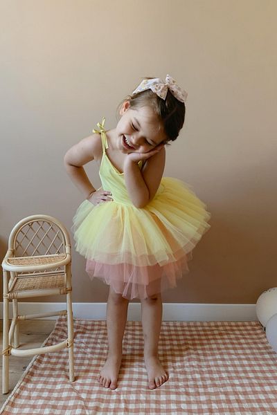 Le Mabelle Jade Color Girl's Ballerina Dress with Yellow Tutu Skirt - Strappy